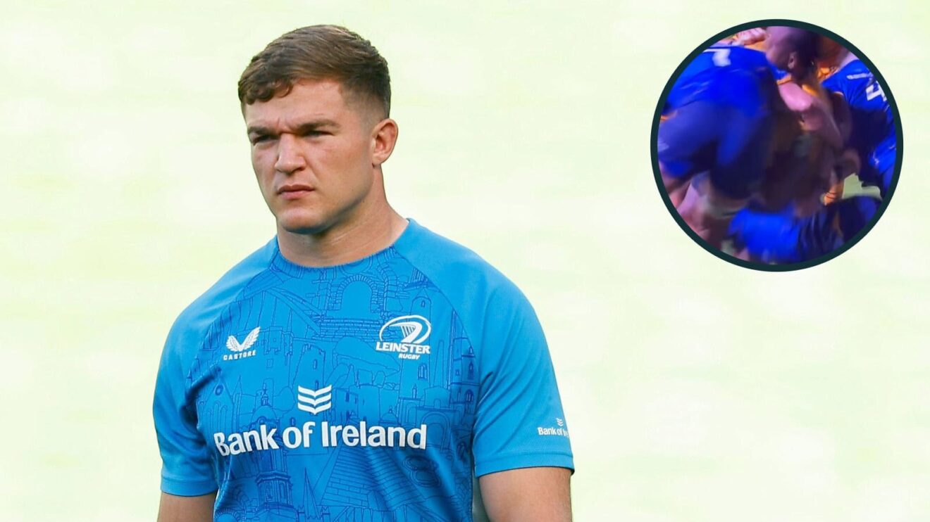 Leinster flanker Scott Penny and his high shot on Levi Douglas (inset) during Dragons game in the URC.