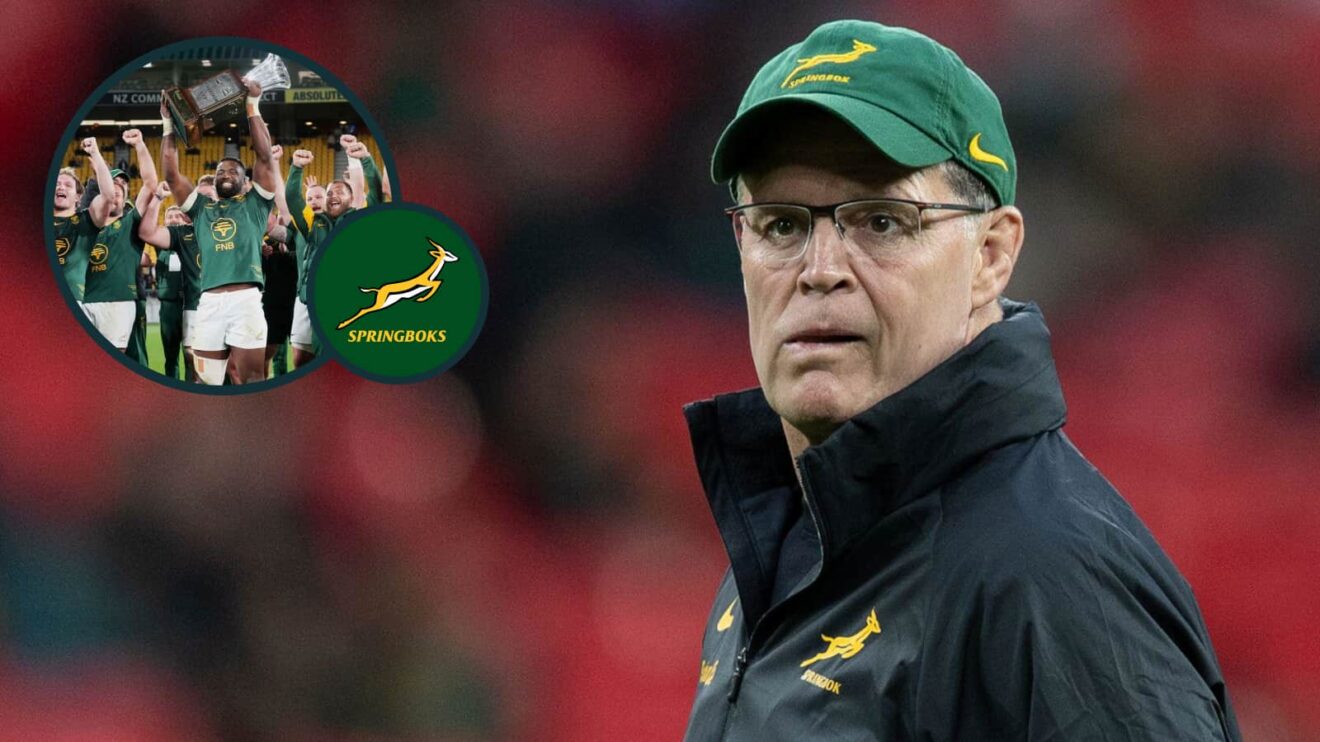 Springboks head coach Rassie Erasmus and South Africa lifting one of their trophies this year - the Freedom Cup - after thrashing the All Blacks (inset).