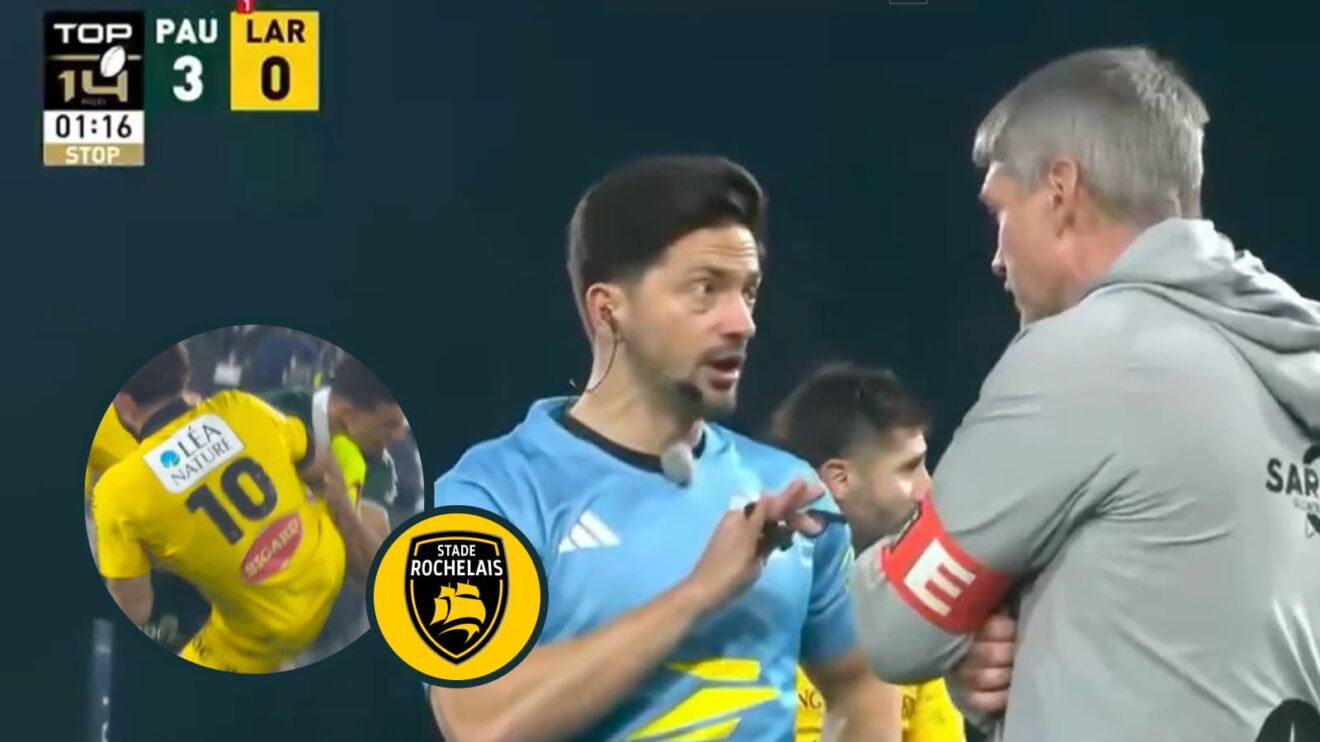 La Rochelle coach Ronan O'Gara argues with referee Jeremy Rozier following the red card brandished to Antoine Hastoy for the foul play, pictured inset.