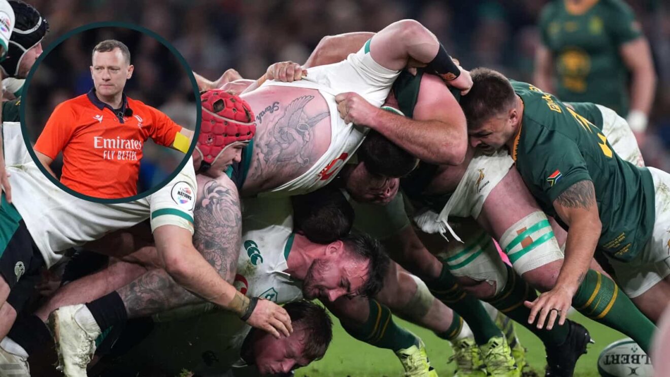 Scrum during Ireland v South Africa and an inset of Matthew Carley issuing a yellow card.
