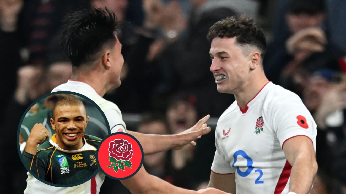 Henry Arundell celebrates his England try last month versus Fiji and, inset, Springboks legend Bryan Habana.