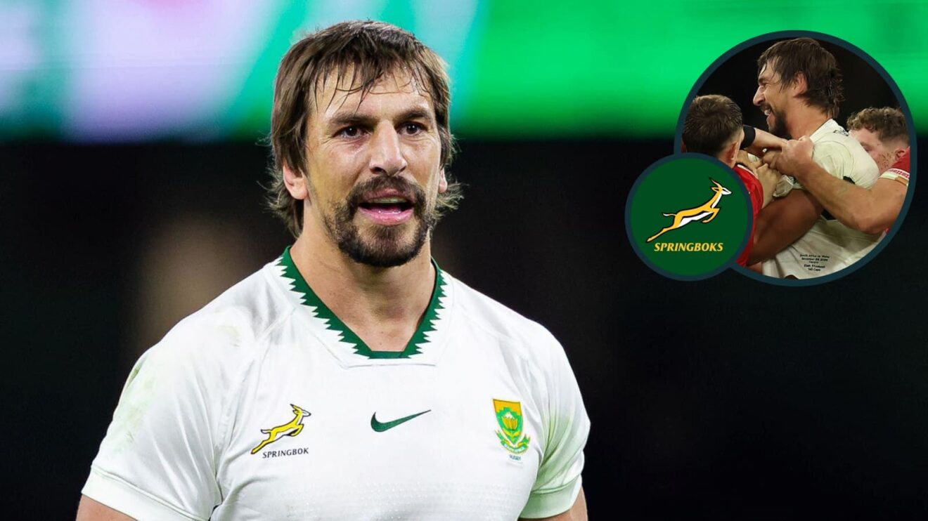 Springboks lock Eben Etzebeth and the scuffle (inset) which led to his red card against Wales.