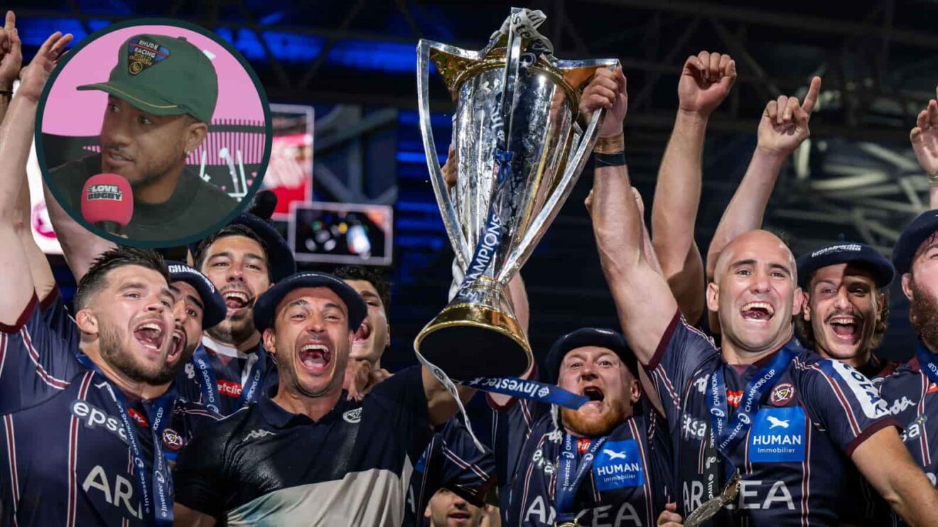 Defending Investec Champions Cup winners Bordeaux-Begles with the trophy and former England wing Anthony Watson (inset).