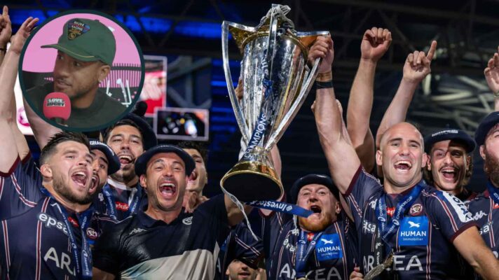 Defending Investec Champions Cup winners Bordeaux-Begles with the trophy and former England wing Anthony Watson (inset).