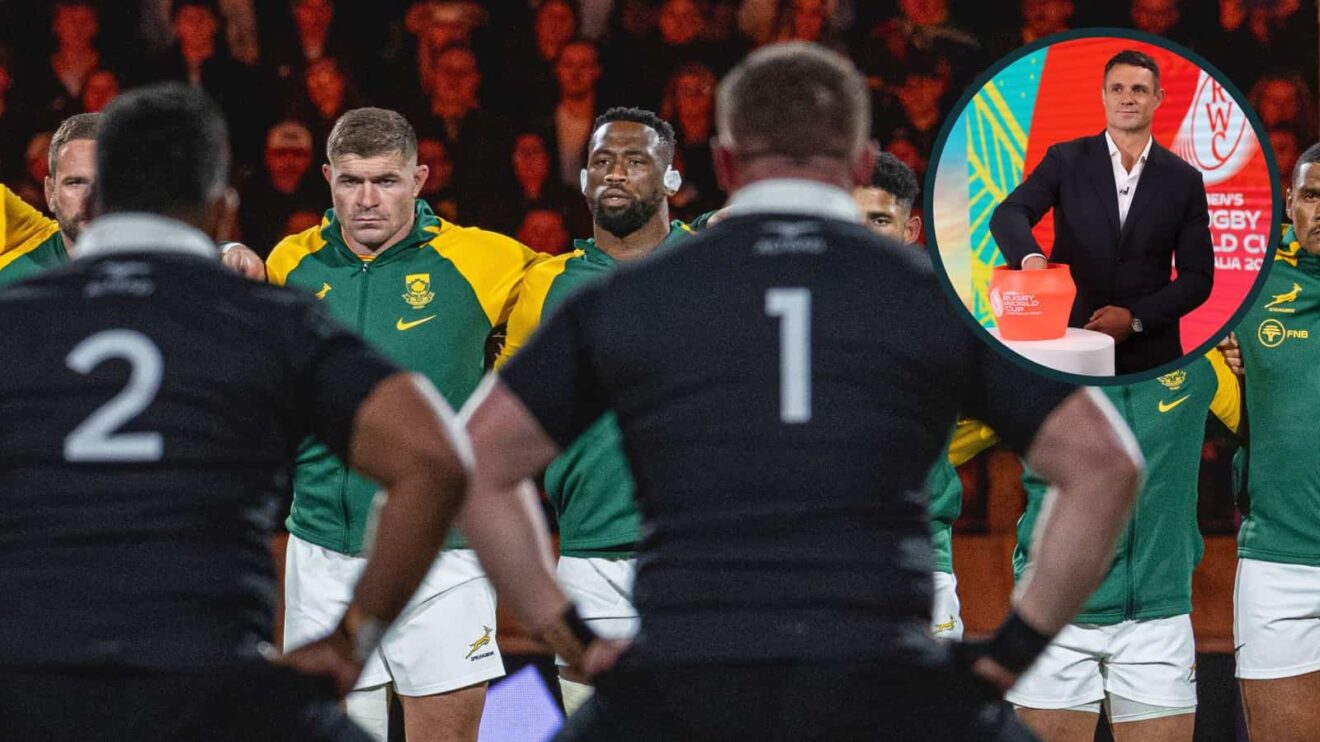Springboks players face the haka and an inset of All Blacks legend Dan Carter during the World Cup draw.