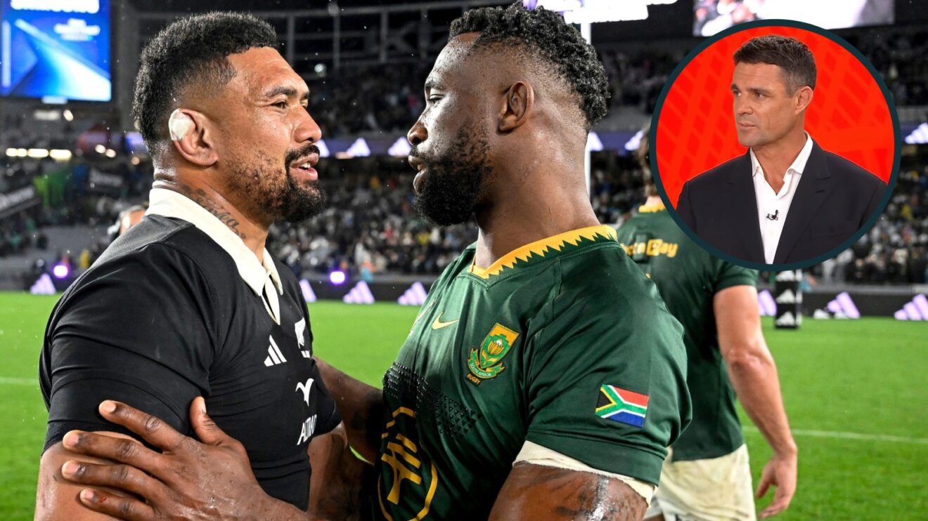 Springboks captain Siya Kolisi with Ardie Savea and an inset of All Blacks legend Dan Carter.