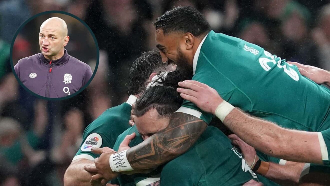 Ireland players celebrate and England head coach Steve Borthwick (inset).