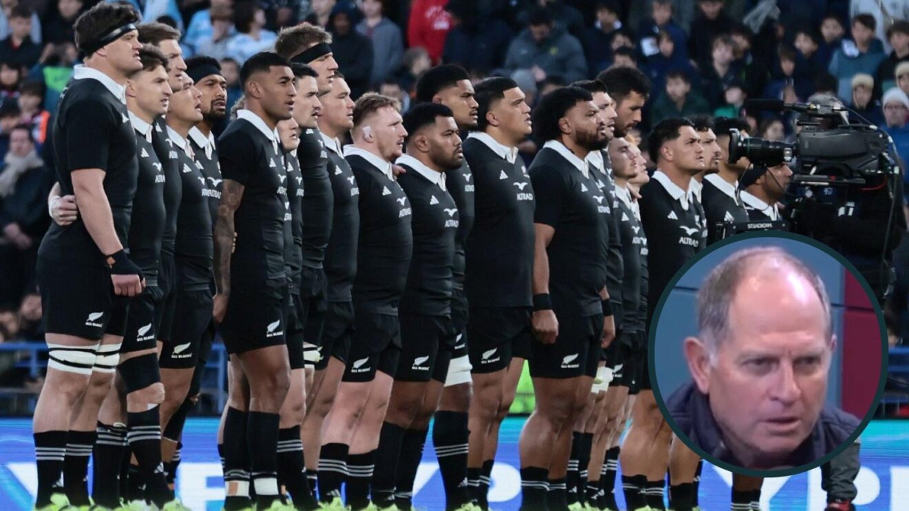The All Blacks sing their anthem ahead of a Test and ex-Springboks fly-half Naas Botha (inset).