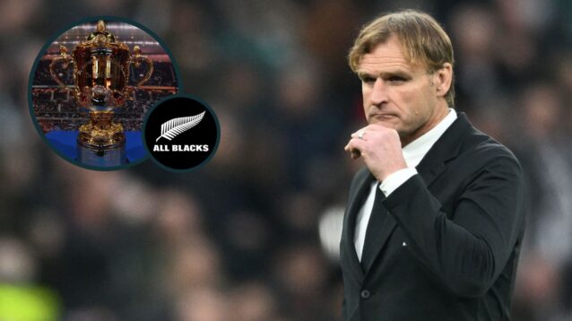 All Blacks head coach Scott Robertson and the Webb Ellis Cup (inset).