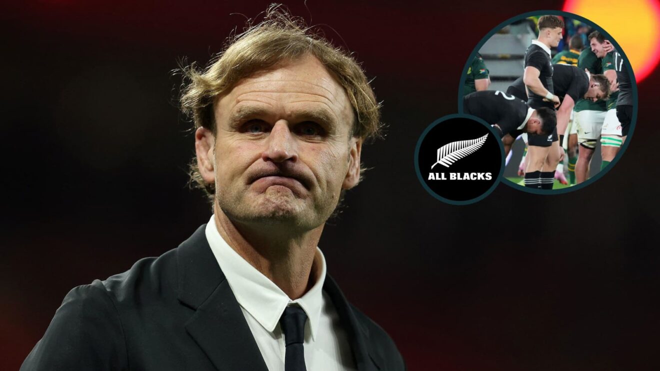 All Blacks head coach Scott Robertson and players dejected after Springboks loss (inset).