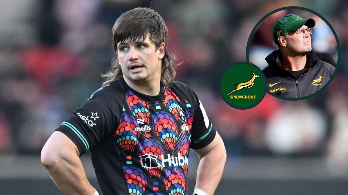 Bristol Bears back Benhard Janse van Rensburg and an inset of Rassie Erasmus.