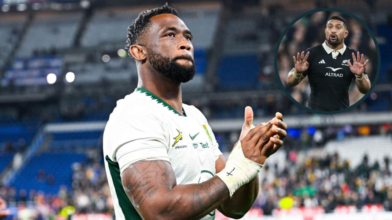 Springboks captain Siya Kolisi and an inset of All Blacks Ardie Savea.