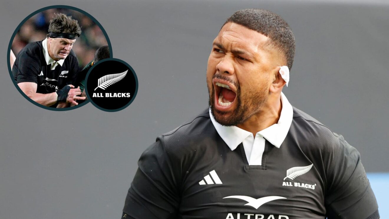Ardie Savea and Scott Barrett (inset) in action for the All Blacks in 2025.