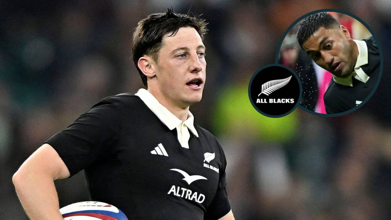 Cam Roigard and Rieko Ioane in action for the All Blacks in 2025 (inset).