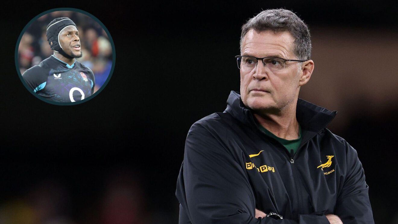 A two layered image of Rassie Erasmus and Maro Itoje