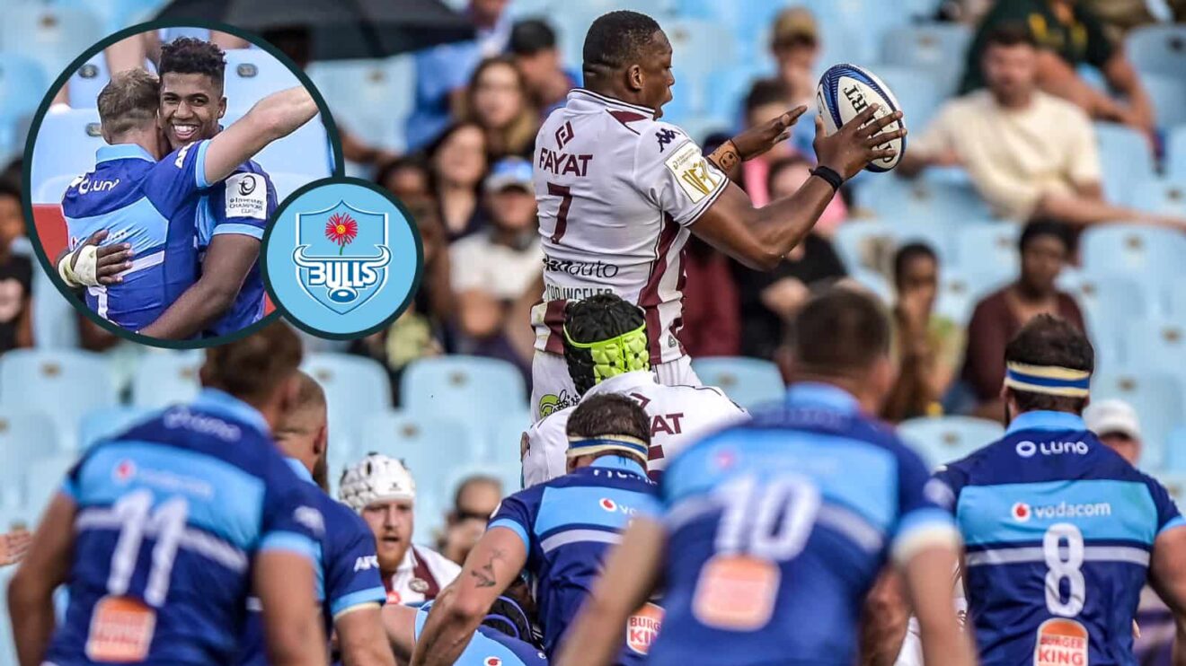 Cameron Woki wins a line against the Bulls with Handre Pollard in picture with an inset of Canan Moodie. (Images via: INPHO, EPCR Rugby and Steve Haag Sports).