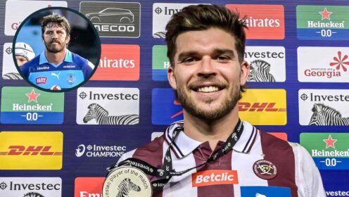 Bordeaux's Matthieu Jalibert and an inset of Bulls' lock Ruan Nortje. (Images via: INPHO, EPCR Rugby and Steve Haag Sports).