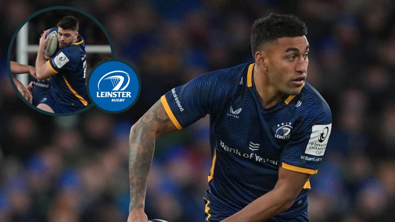 Rieko Ioane on his Leinster debut and an inset of Harry Byrne.