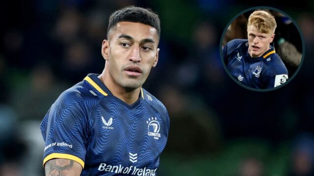 Rieko Ioane in action for Leinster and Tommy O'Brien (inset) scoring a try against Harlequins.