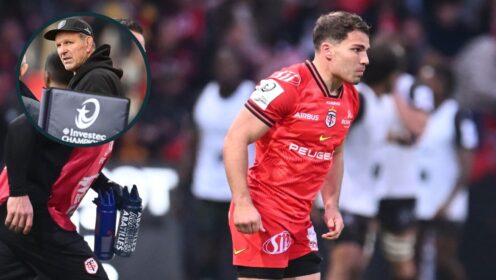 Toulouse's Antoine Dupont takes to the pitch as a second-half sub in what was, inset, John Plumtree's last match as Sharks director of rugby.