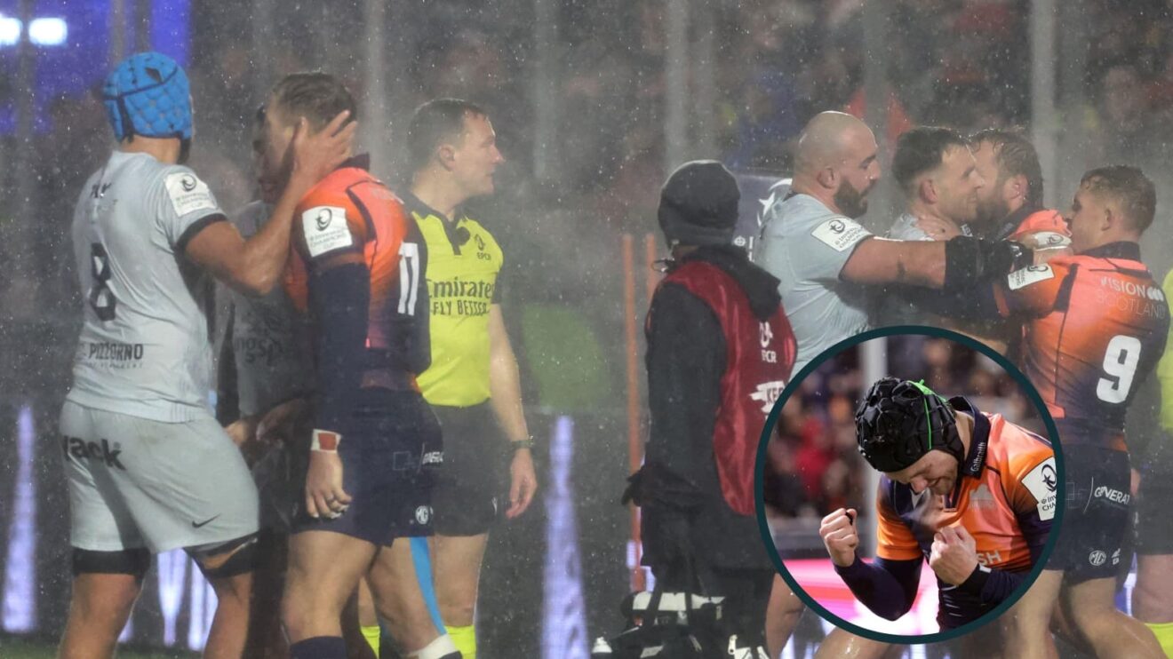 Edinburgh's Ben Vellacott (right) exchanges words with Toulon players, inset, Darcy Graham celebrates before his try was cancelled