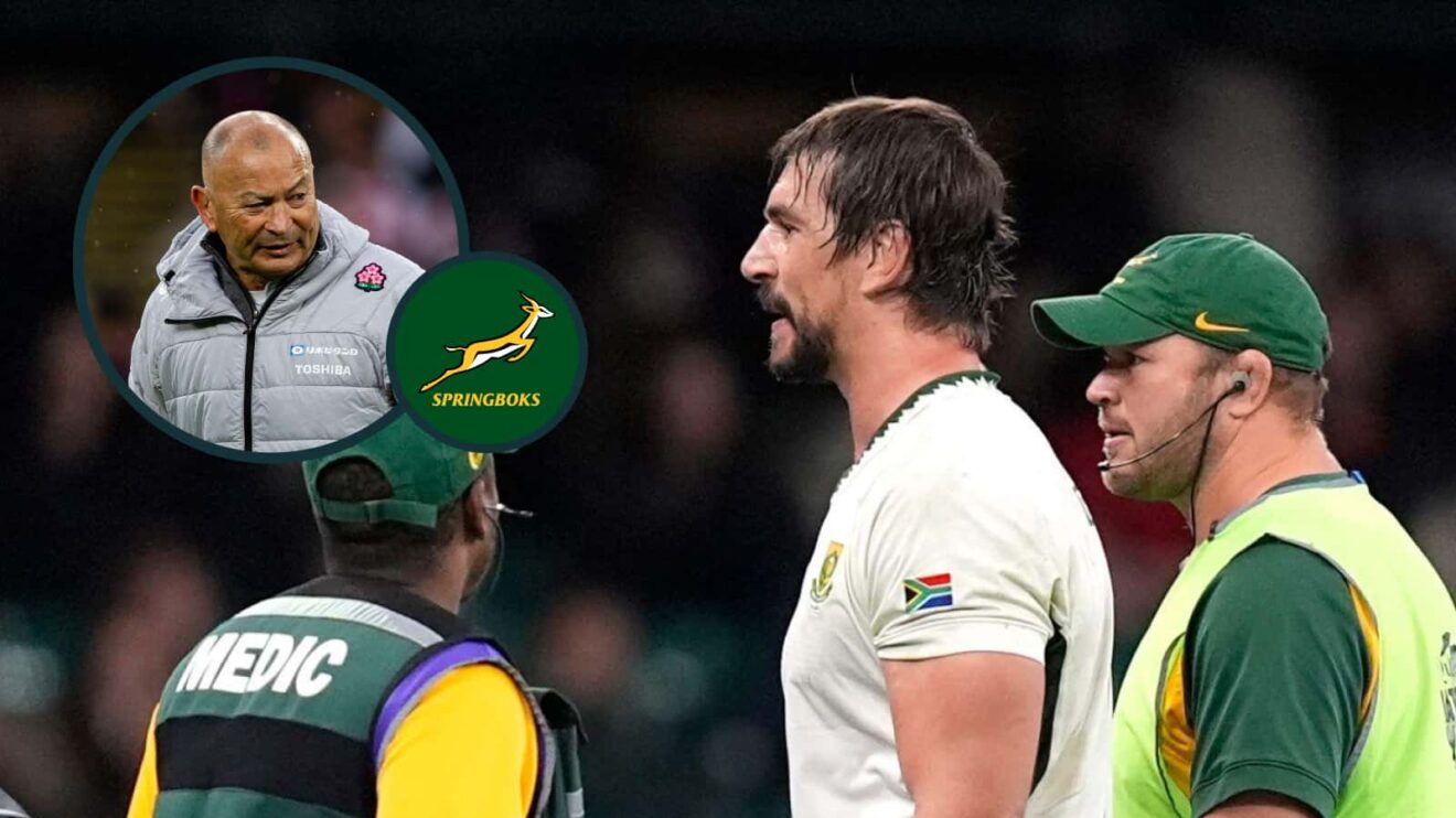Springboks lock Eben Etzebeth with an inset of Eddie Jones.