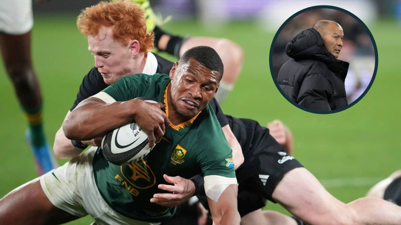 Springboks back Damian Willemse and All Blacks scrum-half Finlay Christie with an inset of Eddie Jones.