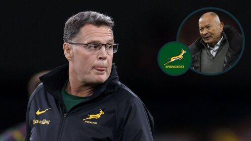 Springboks head coach Rassie Erasmus and an inset of Eddie Jones.