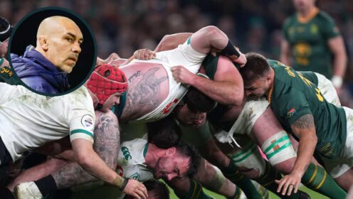 Scrum between Ireland and South Africa with an inset of Sale Sharks boss Alex Sanderson.