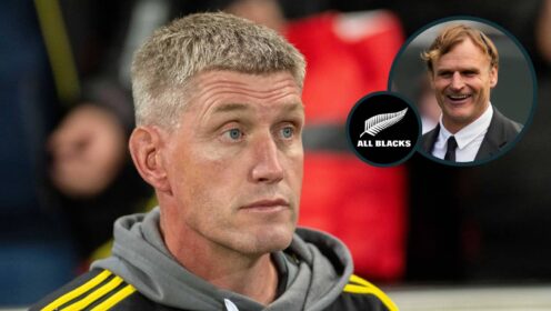 Former Crusaders coach and current La Rochelle boss Ronan O'Gara, and All Blacks head coach Scott Robertson (inset).