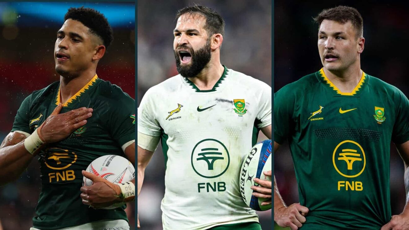 Springboks Sacha Feinberg-Mngomezulu, Cobus Reinach and Andre Esterhuizen.