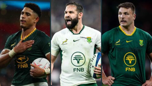 Springboks Sacha Feinberg-Mngomezulu, Cobus Reinach and Andre Esterhuizen.