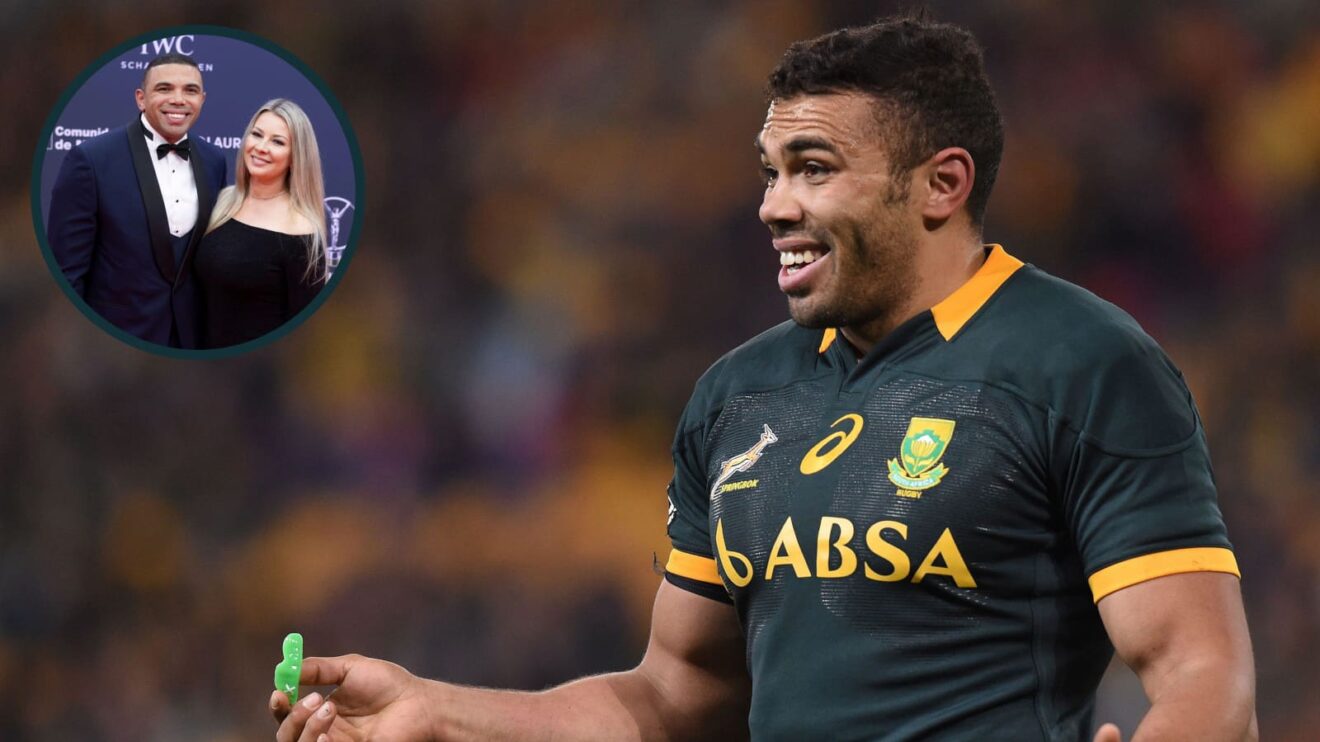 Bryan Habana in action for the Springboks and the former wing with his wife Janine Viljoen (inset).