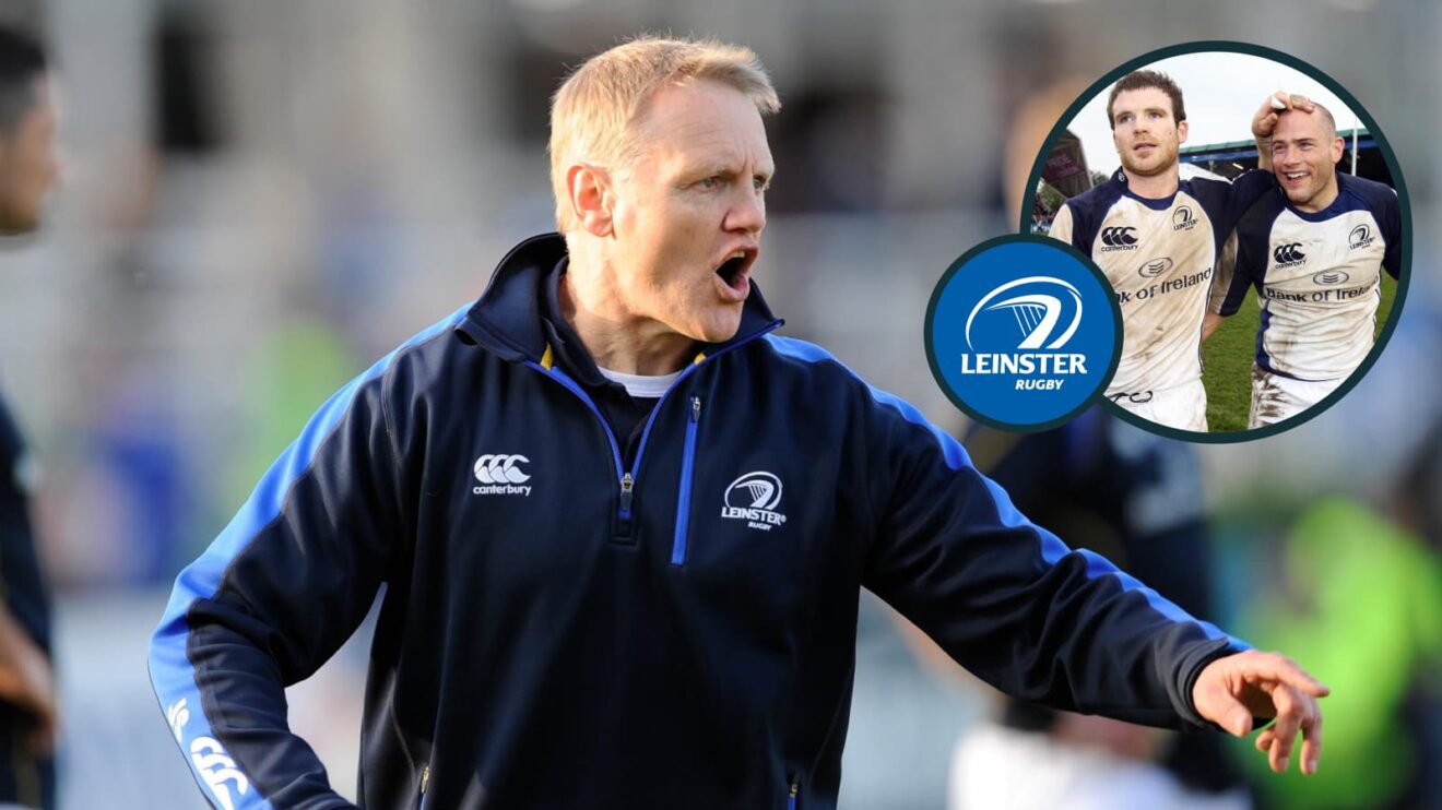 Two layer picture of Joe Schimdt at Leinster with players Gordon D'Arcy and Felipe Contepomi