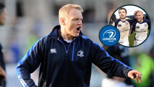 Two layer picture of Joe Schimdt at Leinster with players Gordon D'Arcy and Felipe Contepomi