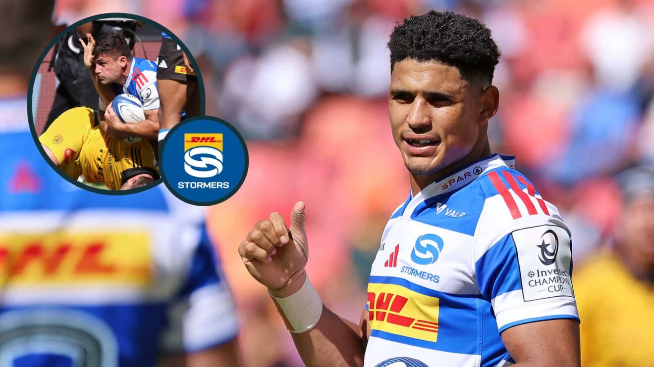 Sacha Feinberg-Mngomezulu with an inset of Paul de Villiers. Credit INPHO/Steve Haag Sports/EJ Langner/ EPCR Rugby.