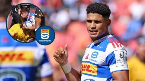 Sacha Feinberg-Mngomezulu with an inset of Paul de Villiers. Credit INPHO/Steve Haag Sports/EJ Langner/ EPCR Rugby.