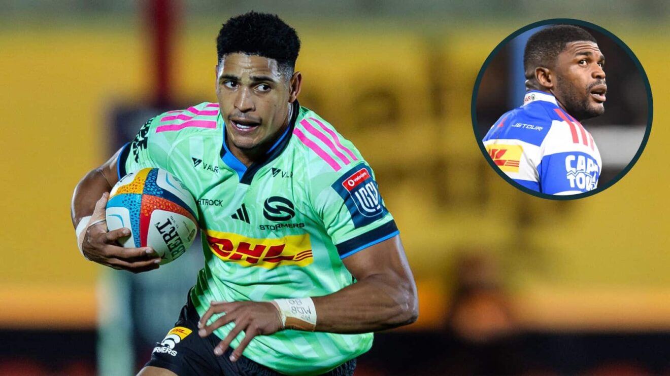 Stormers star Sacha Feinberg-Mngomezulu and try-scorer against La Rochelle, Dylan Maart (inset).