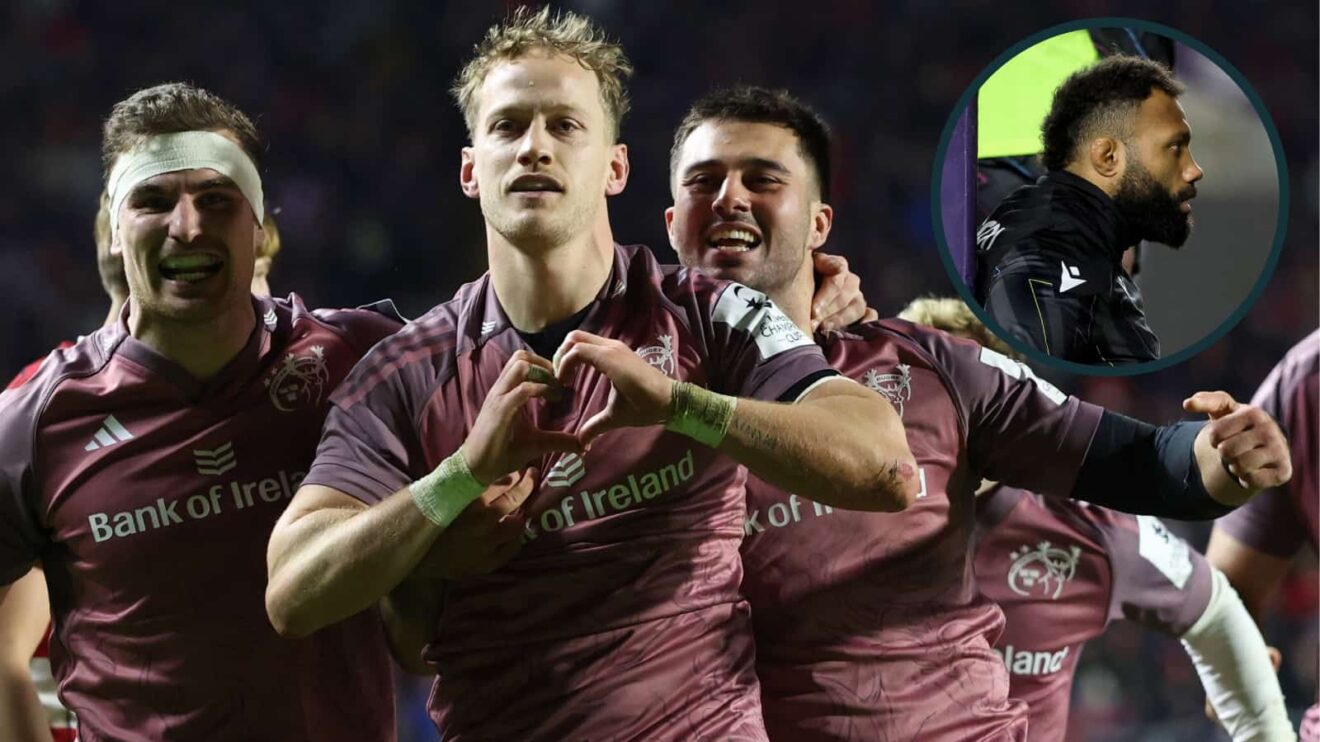 Munster's Mike Haley celebrates scoring a try with Shane Daly and Dan Kelly and an inset of Gloucester's Jamal Ford-Robinson. Credit INPHO/Billy Stickland/EPCR Rugby.