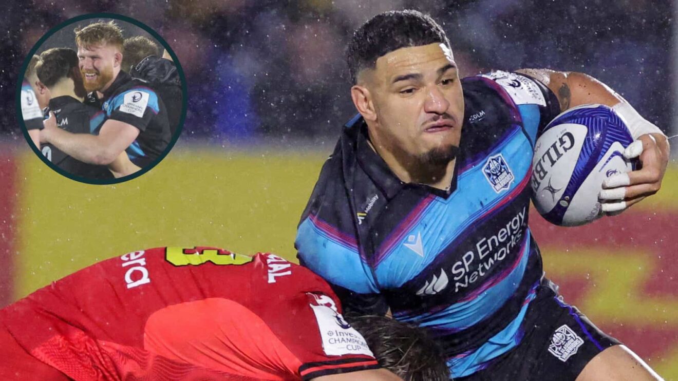 Sione Tuipulotu in action for Glasgow against Toulouse and Warriors players celebrate victory (inset).