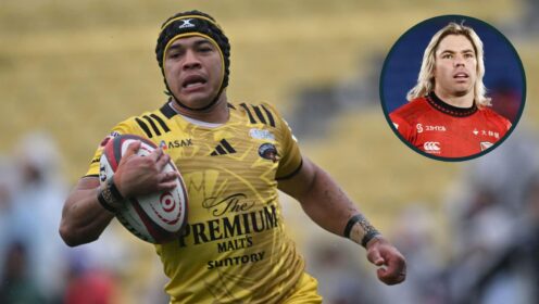 Suntory Sungoliath back Cheslin Kolbe with an inset of Canon Eagles scrum-half Faf de Klerk.
