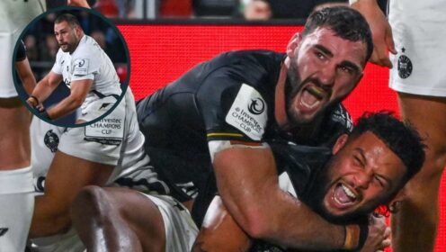 RC Toulon back rowers Charles Ollivon and Lewis Ludlam with an inset of Bath prop Thomas du Toit.