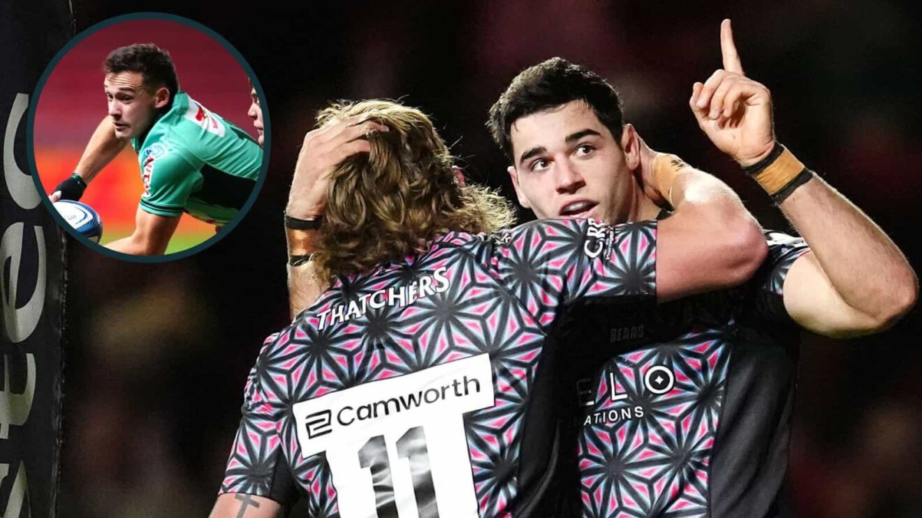 Bristol Bears' Benjamin Grondona celebrates scoring and an inset of Section Paloise's Clement Mondinat.