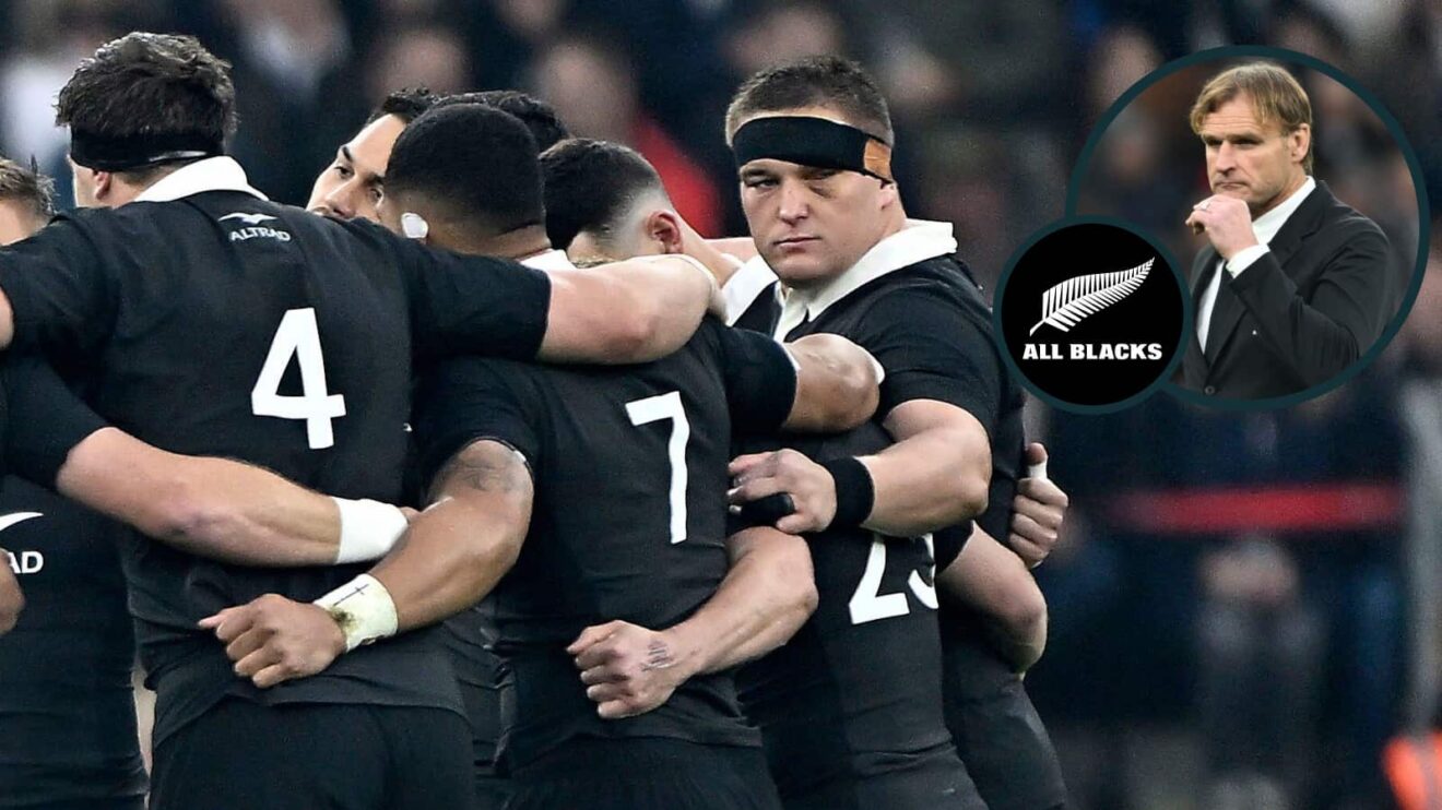All Blacks players in a huddle during Grand Slam tour and under pressure head coach Scott Robertson (inset).