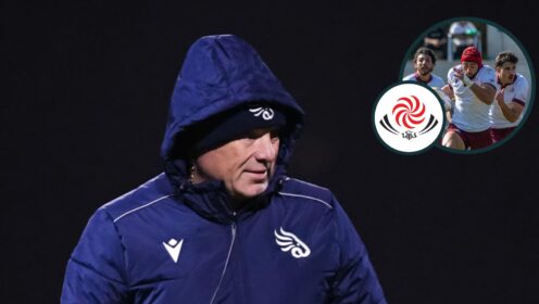 Two layer image of axed Georgia boss Richard Cockerill and the national team in action versus Spain