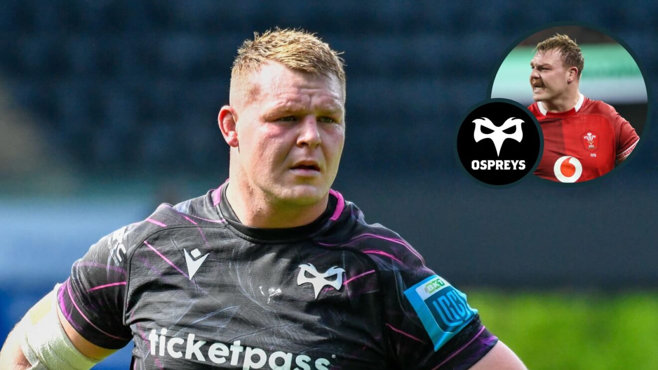 two layer image of Dewi Lake in the colours of Wales and Ospreys