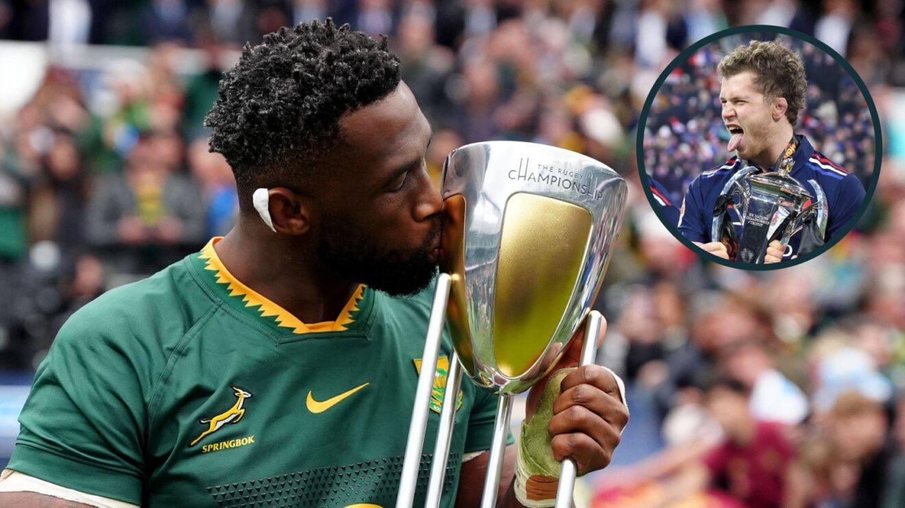 Siya Kolisi with the Rugby Championship trophy and France celebrating Six Nations win (inset).