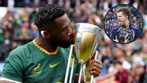 Siya Kolisi with the Rugby Championship trophy and France celebrating Six Nations win (inset).