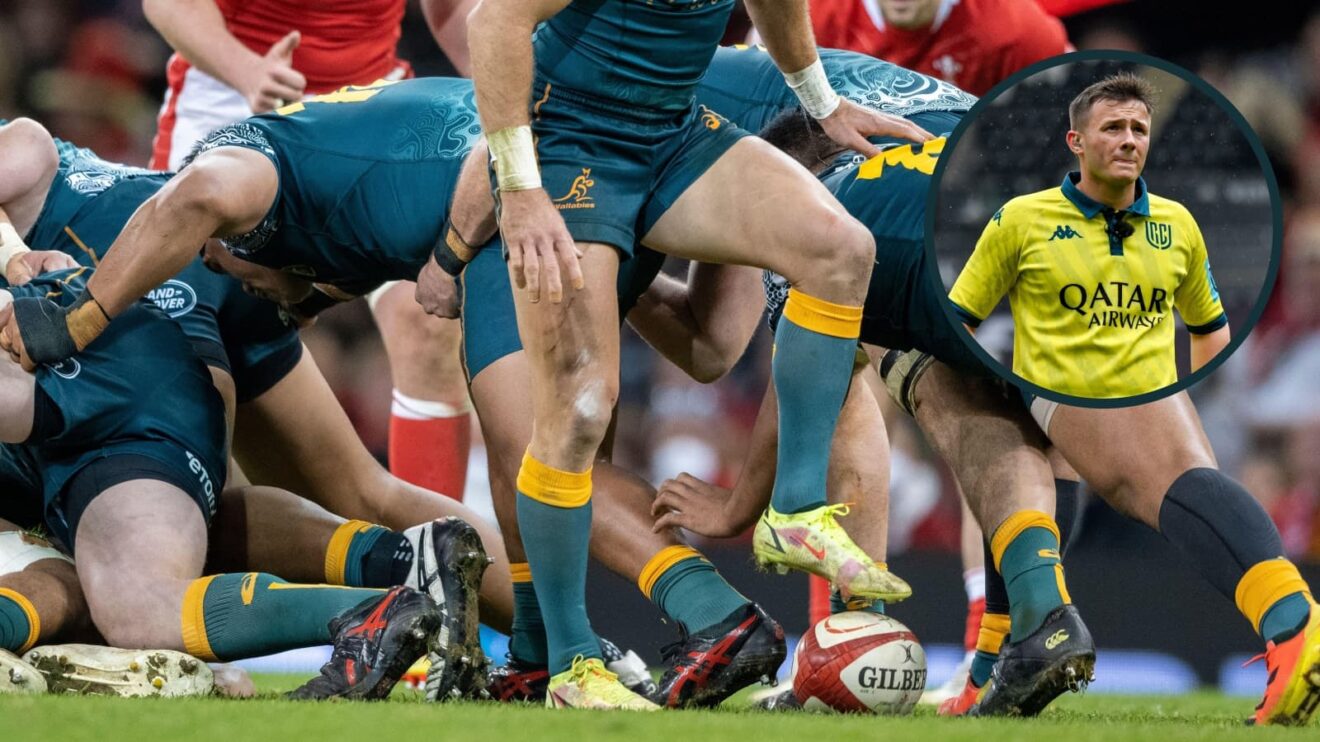 two layer image of Australia's Nic White doing a caterpillar ruck and referee Ben Breakspear