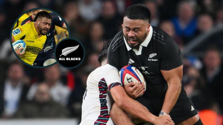 Asafo Aumua in action for the Hurricanes (inset) and the All Blacks.